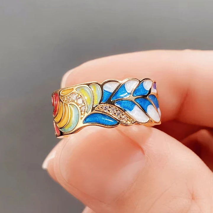 Enamel Feather Wide Band Ring