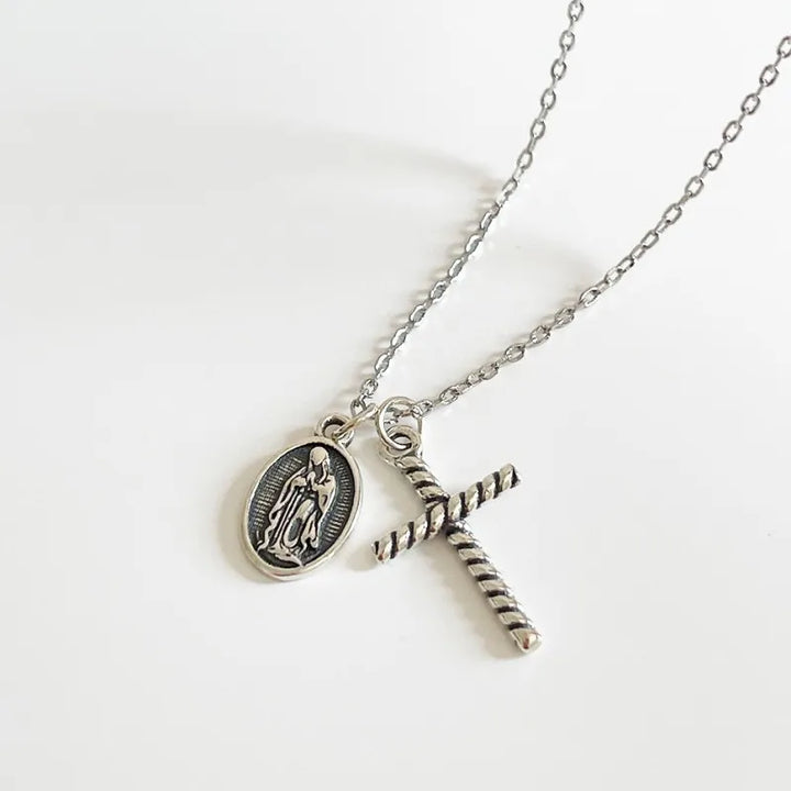 Vintage Cross and Madonna Medallion Necklace