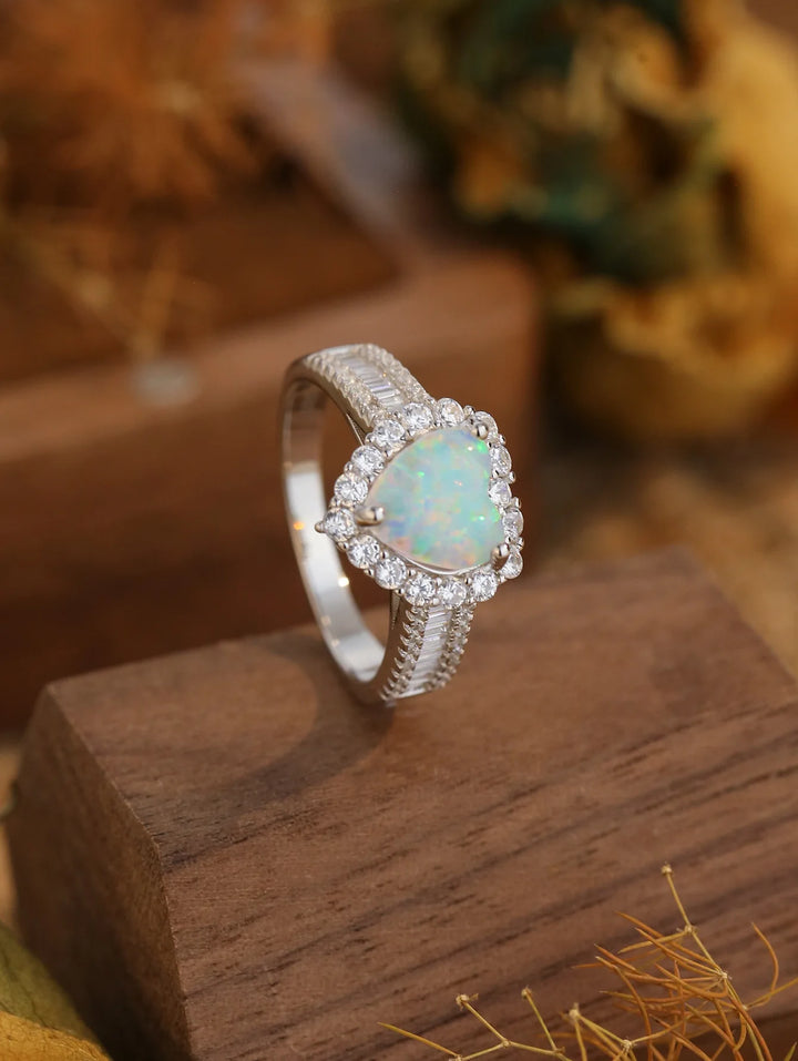 Heart Opal Halo Silver Ring