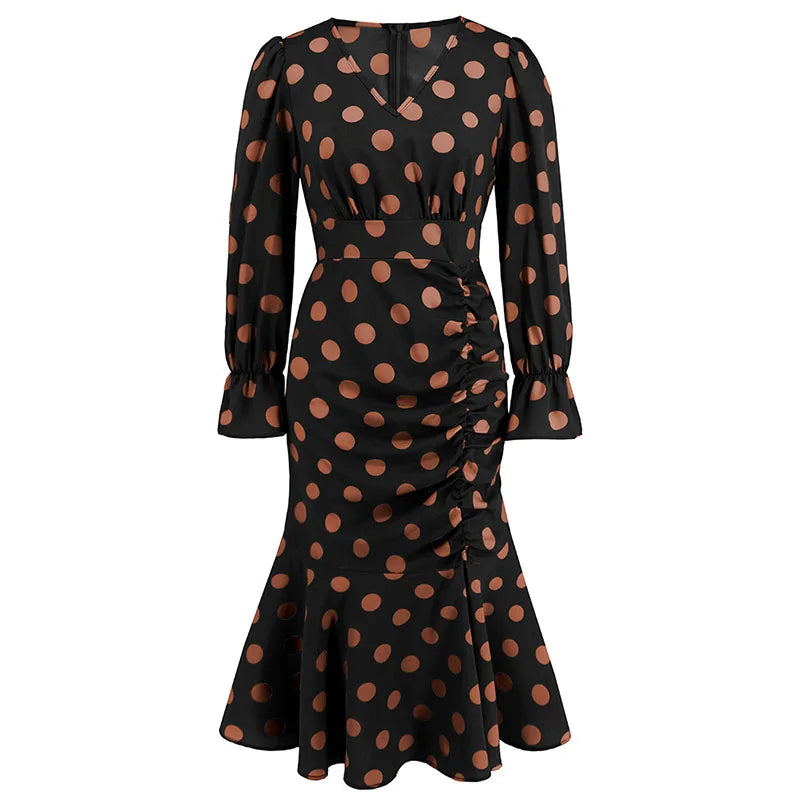 Delphine™ - Long Sleeve Polka Dot Fishtail Dress