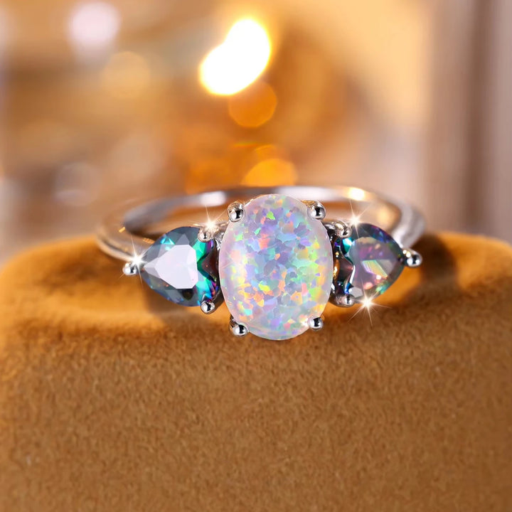 Rainbow Pear Accent Opal Ring