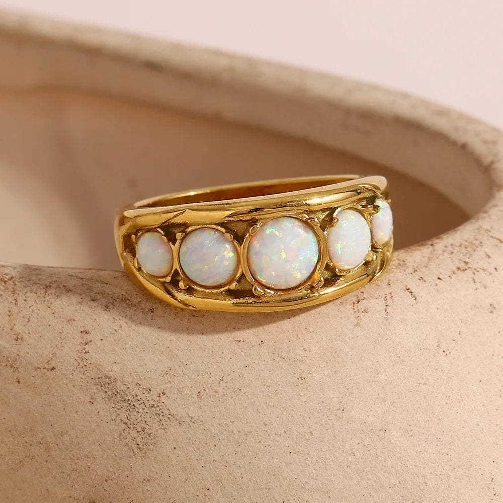 Retro Scrollwork Opal Band Ring