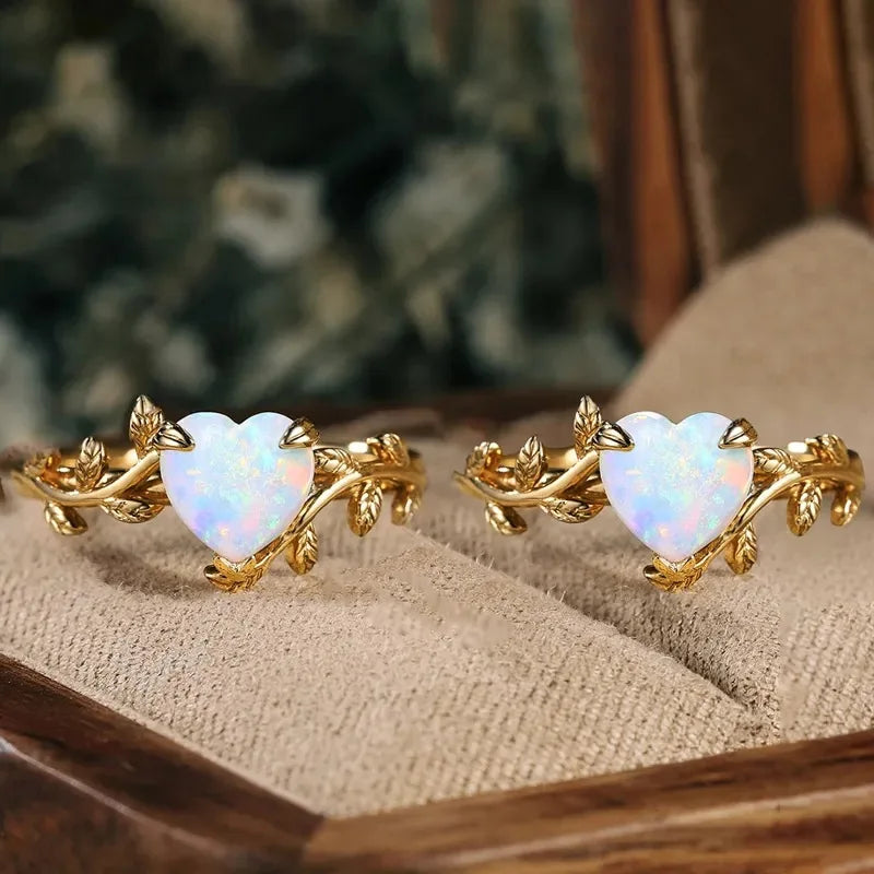 Leaf Branch Heart Opal Ring