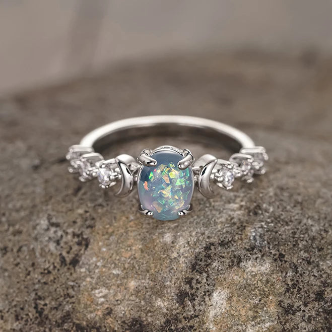 Crescent Moon Opal Zircon Ring