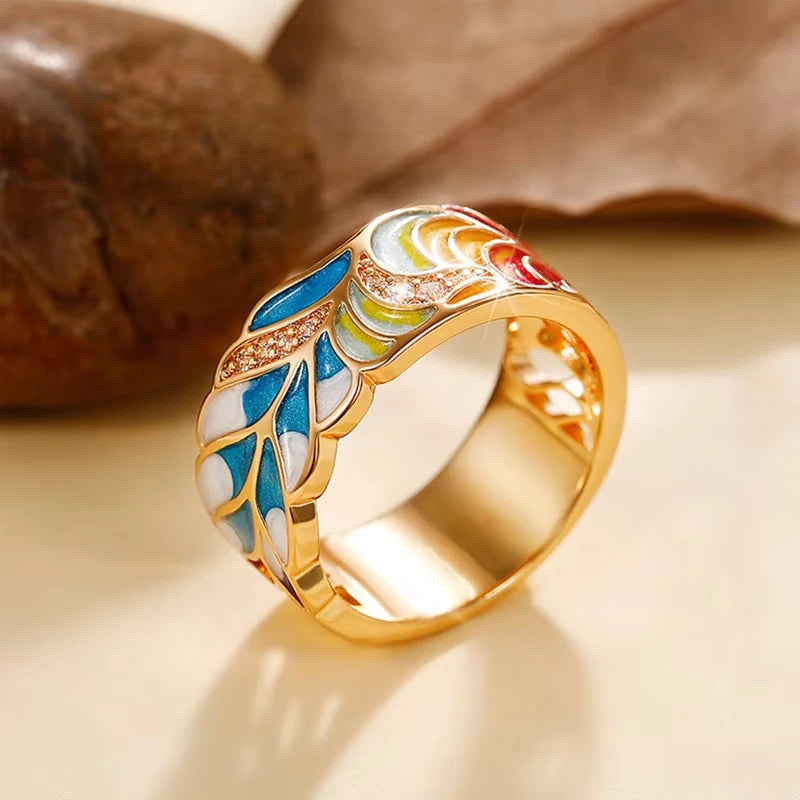 Enamel Feather Wide Band Ring