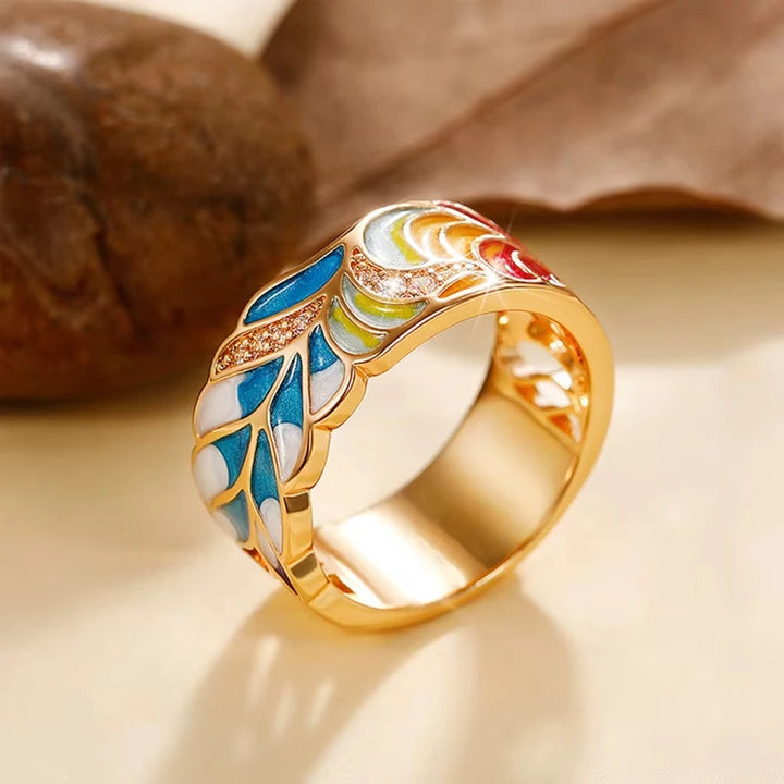 Enamel Feather Wide Band Ring