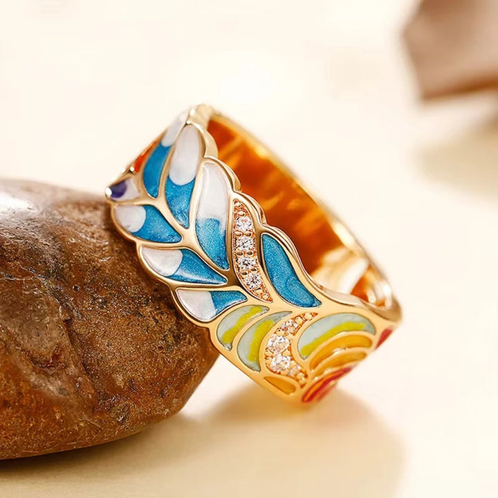 Enamel Feather Wide Band Ring