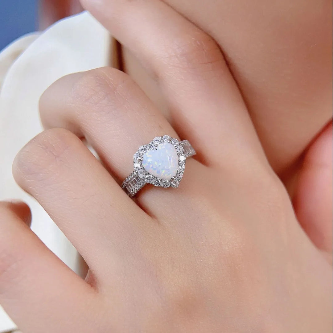 Heart Opal Halo Silver Ring