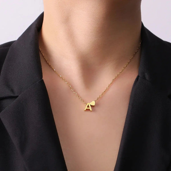 Dainty heart initial necklace in stainless steel