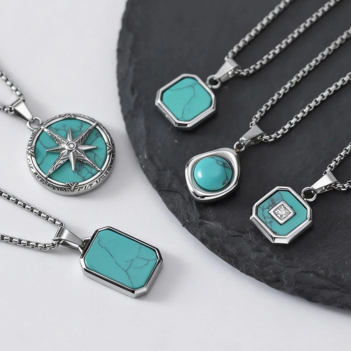 Turquoise Stone Pendant Necklace Set
