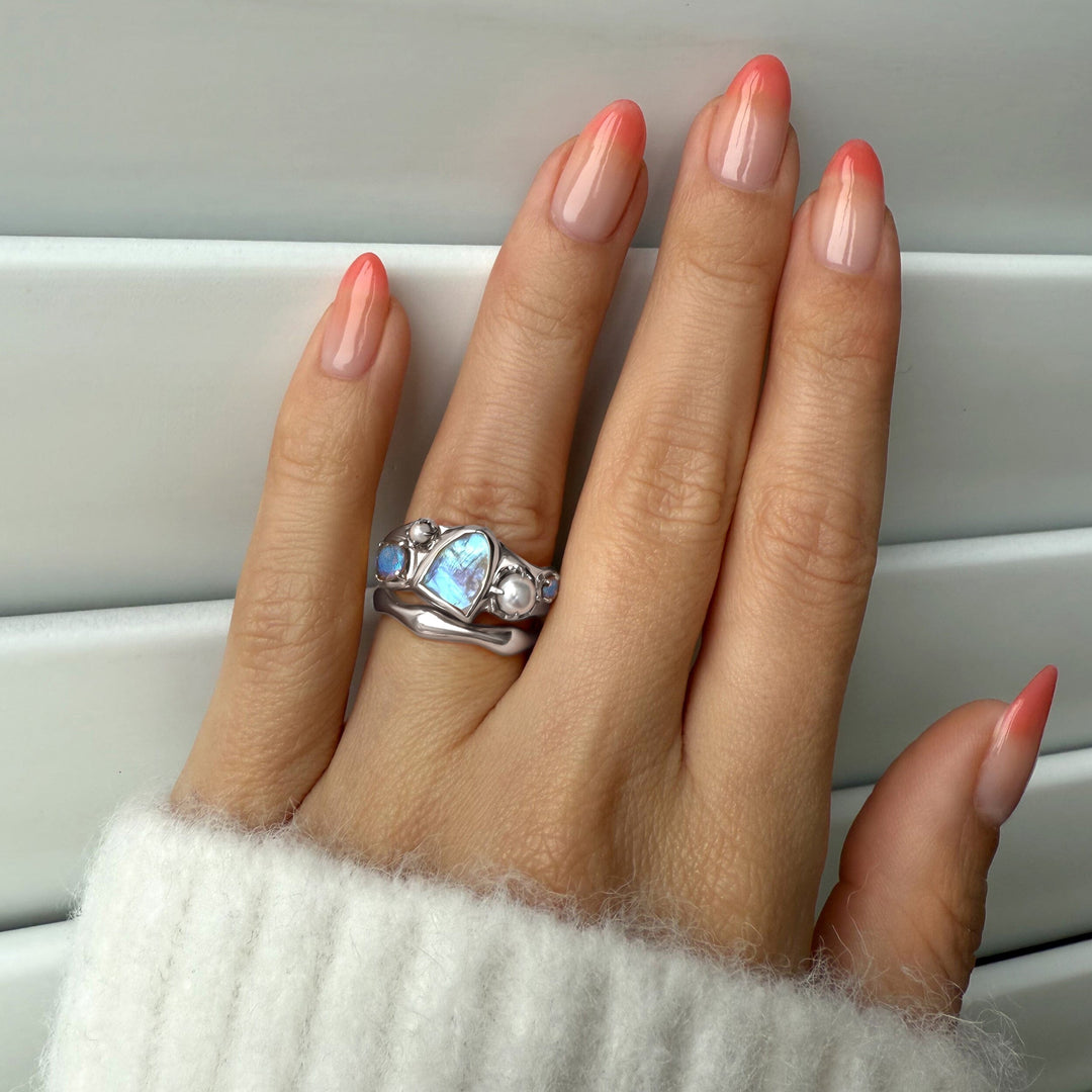 Raw Moonstone, Pearl and Molten Band Ring Set