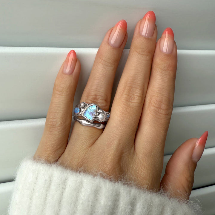 Raw Moonstone, Pearl and Molten Band Ring Set
