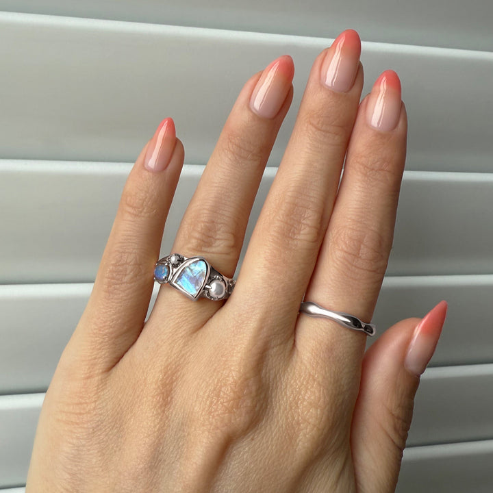 Raw Moonstone, Pearl and Molten Band Ring Set