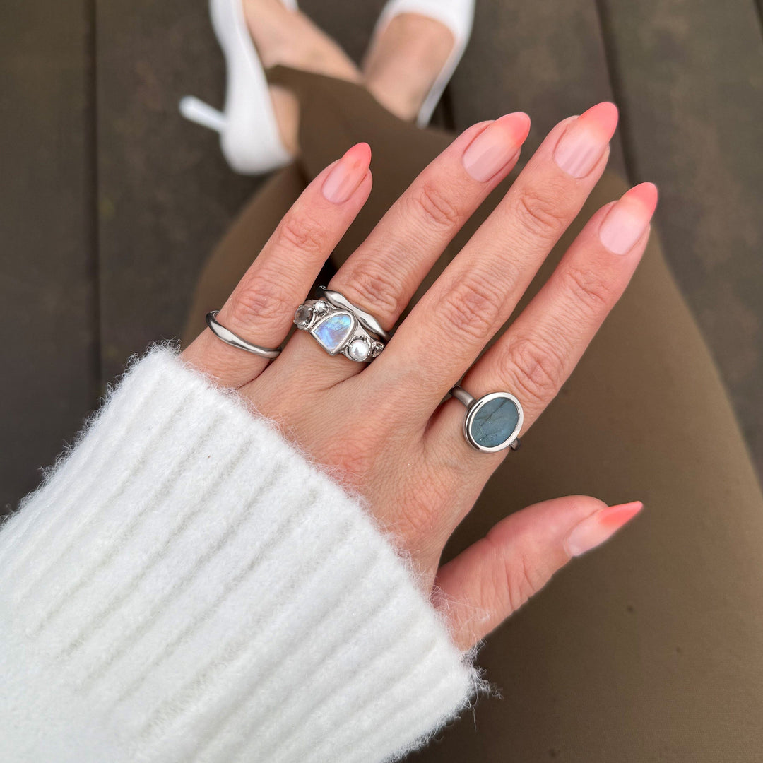 Raw Moonstone, Pearl and Molten Band Ring Set