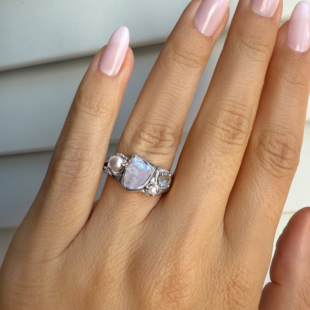 Raw Moonstone and Pearl Trio Ring