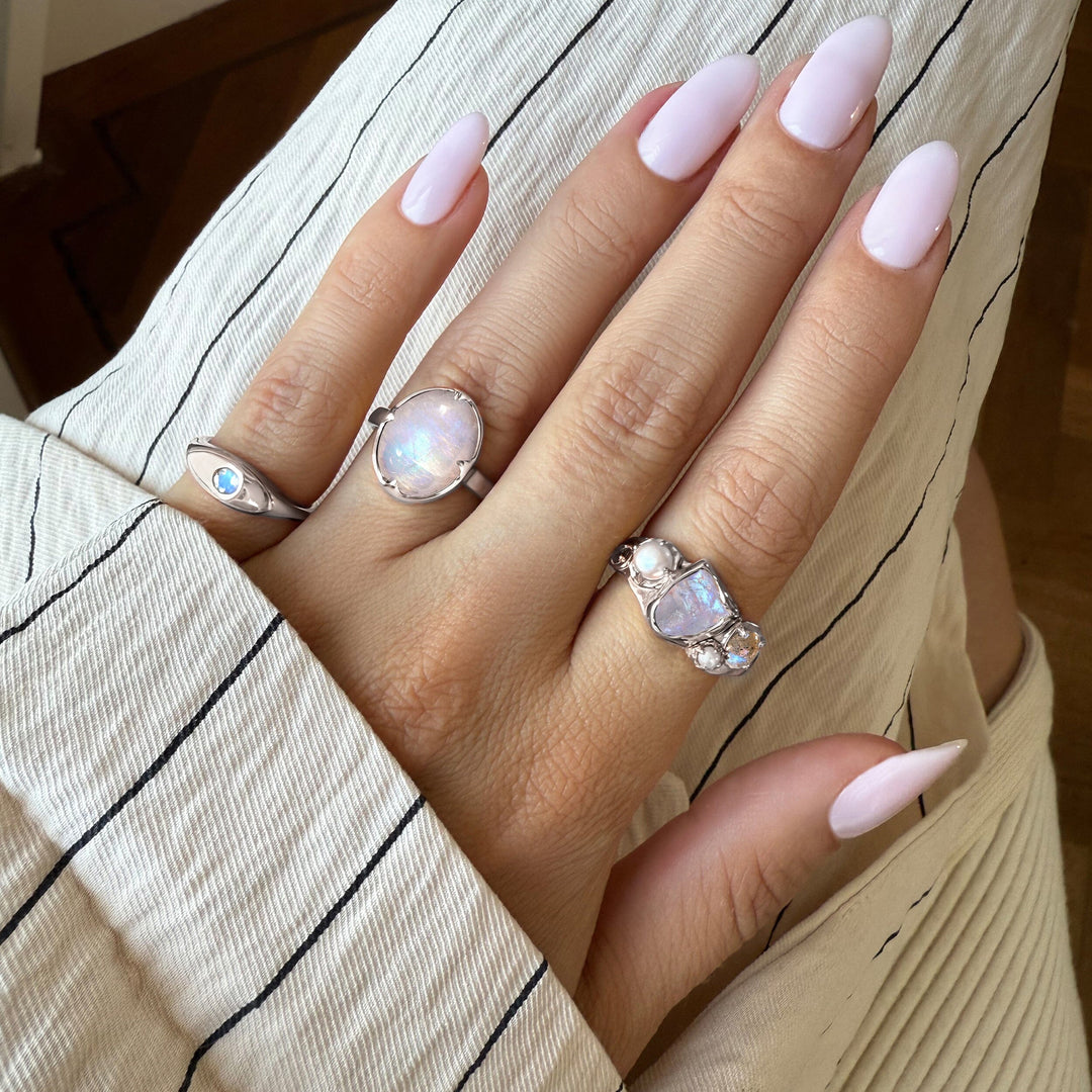 Raw Moonstone and Pearl Trio Ring