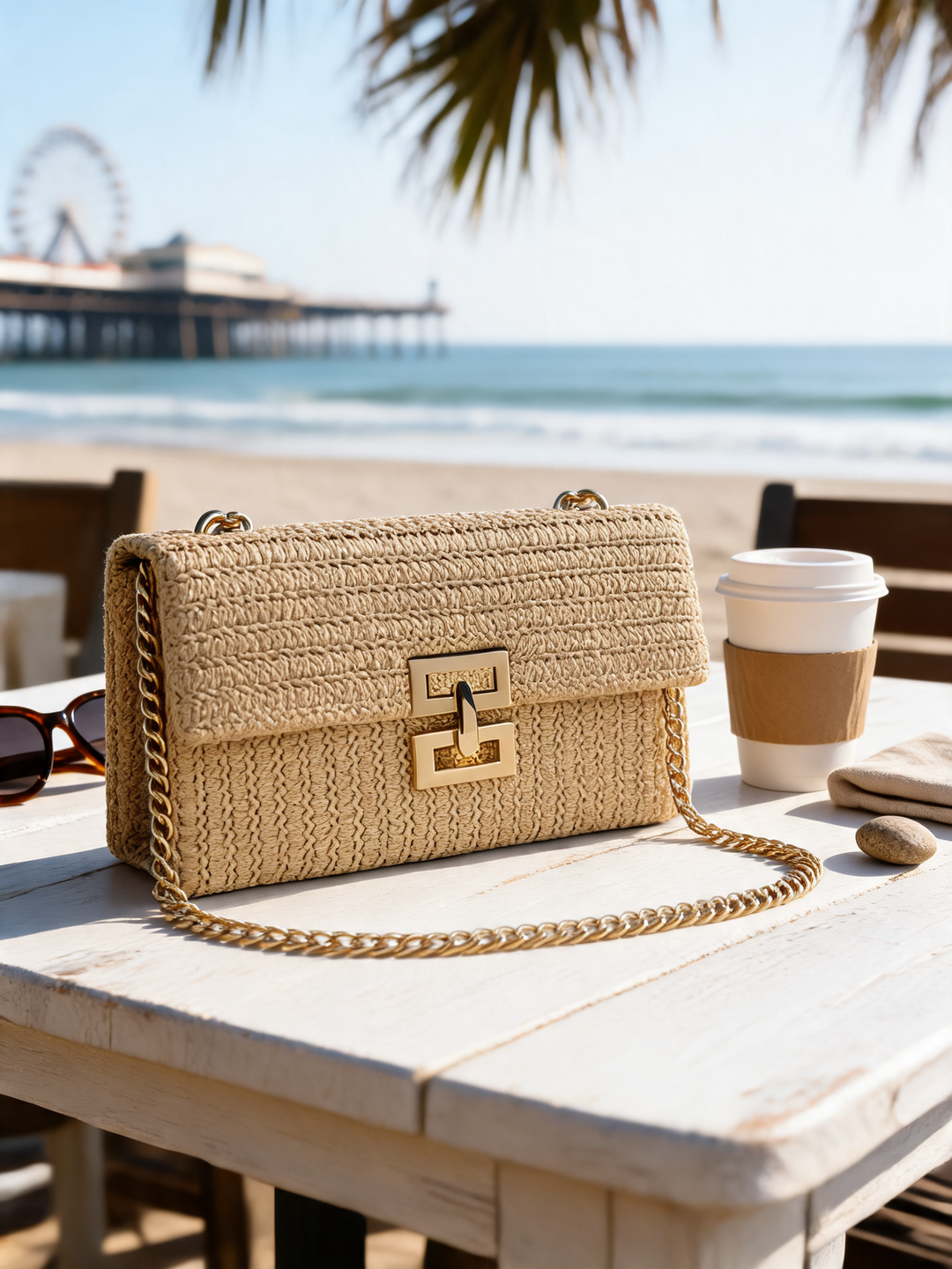 Juliette boho raffia clutch at Santa Monica beachfront cafe - Ava Rose Boutique
