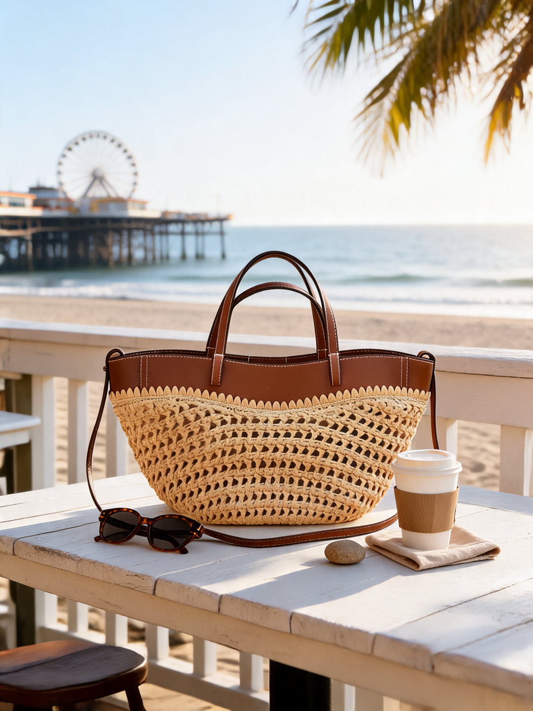 Linnea leather raffia tote at Santa Monica beachfront cafe - Ava Rose Boutique