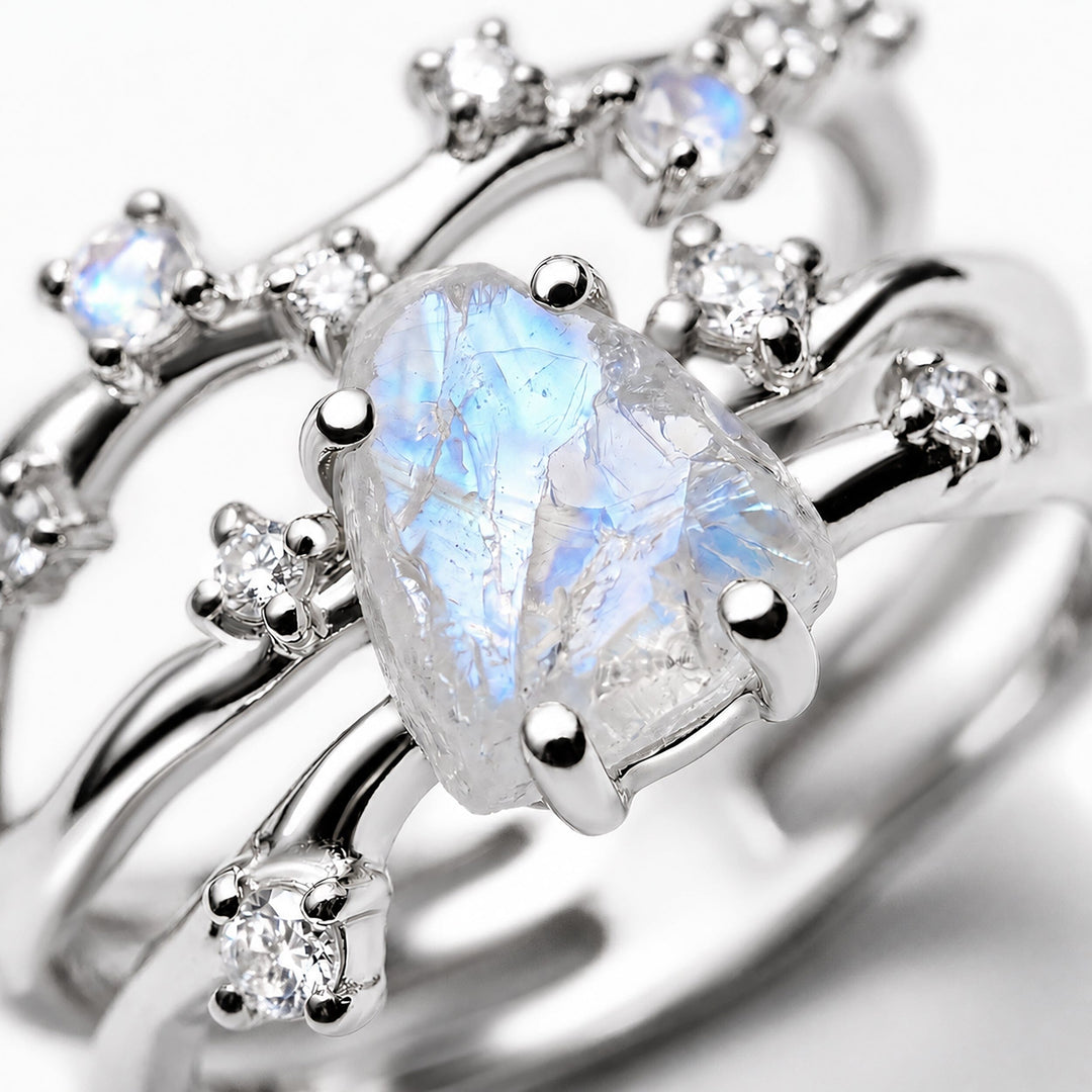 Raw Moonstone and Speckled Stone Band Ring Set
