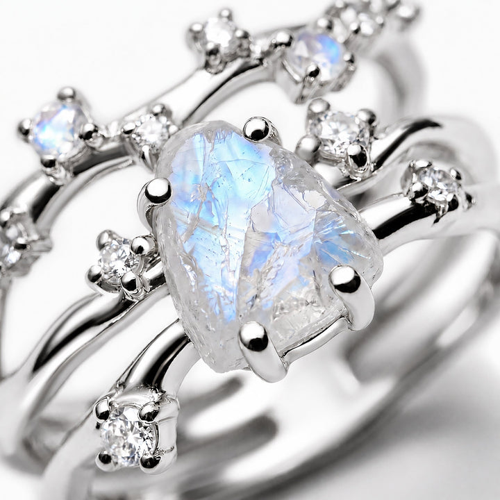Raw Moonstone and Speckled Stone Band Ring Set