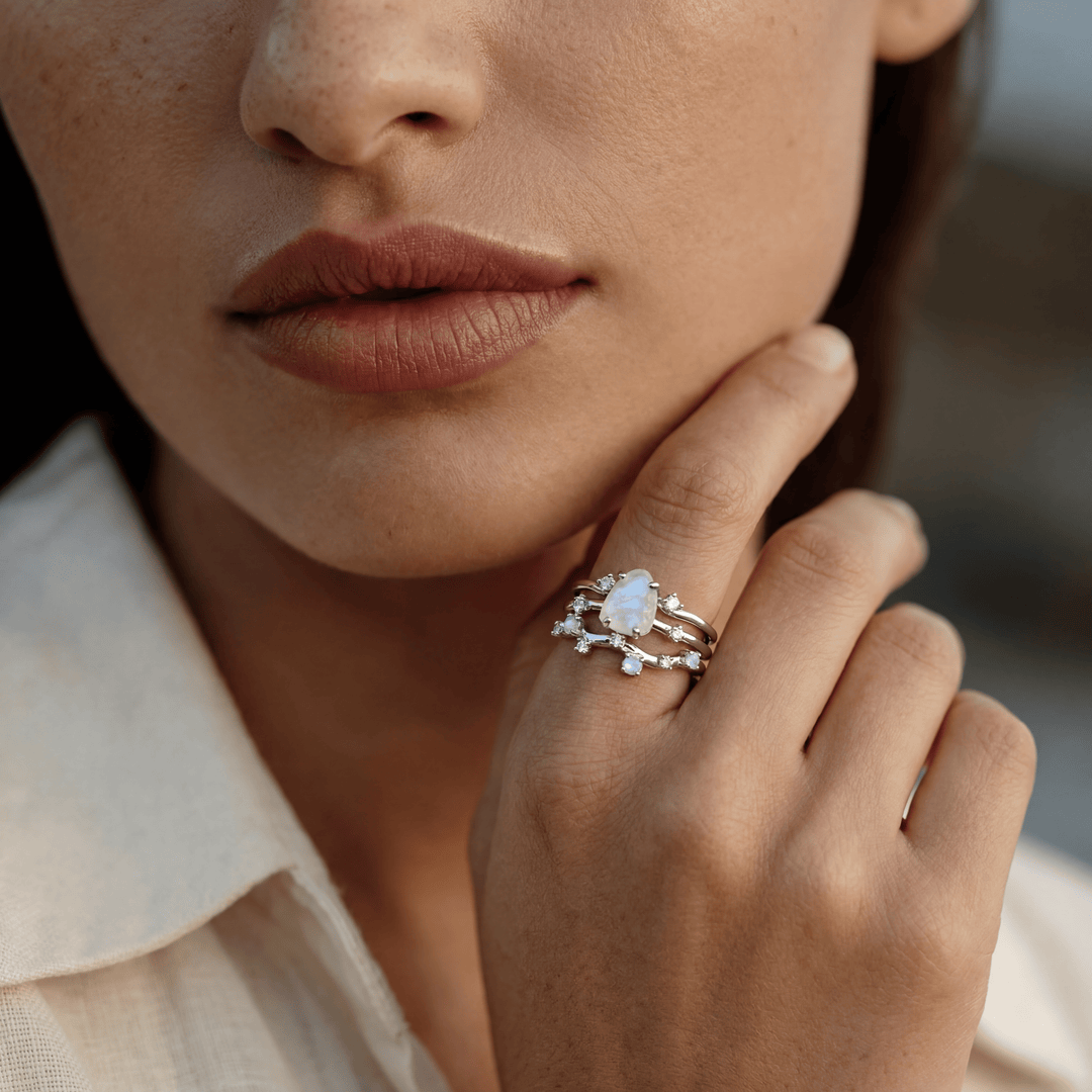 Raw Moonstone and Speckled Stone Band Ring Set