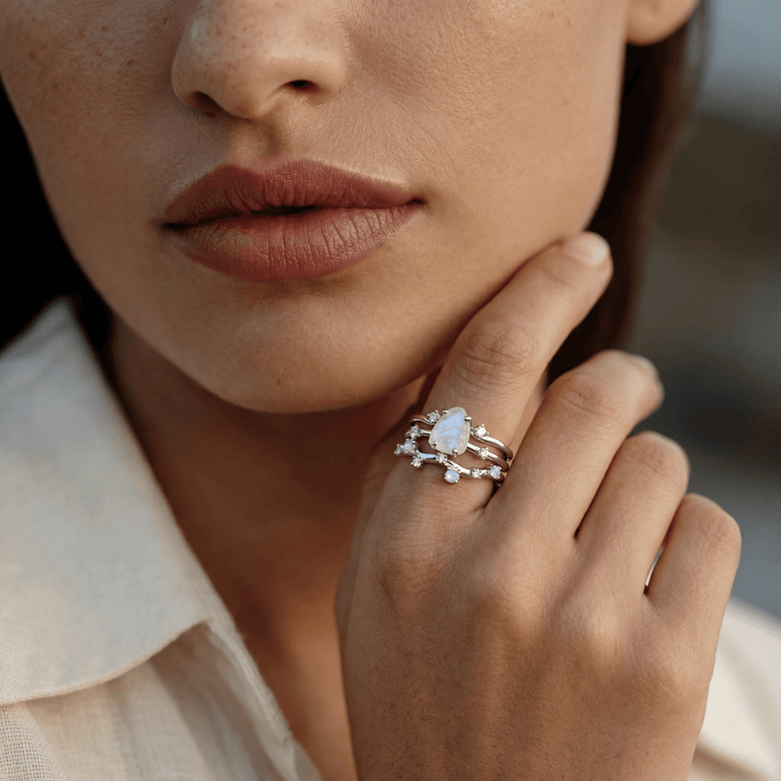 Raw Moonstone and Speckled Stone Band Ring Set