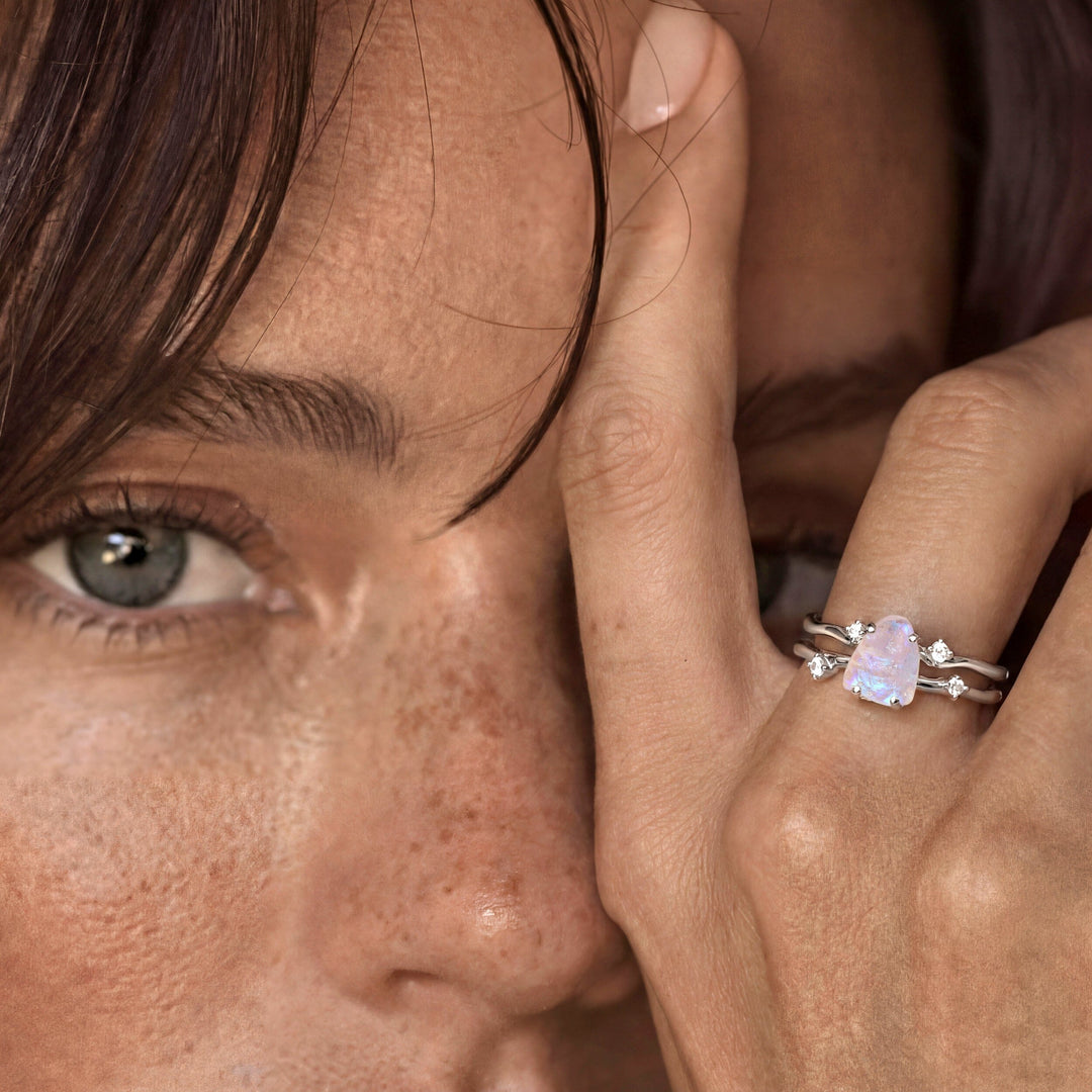 Raw Moonstone and White Sapphire Ring