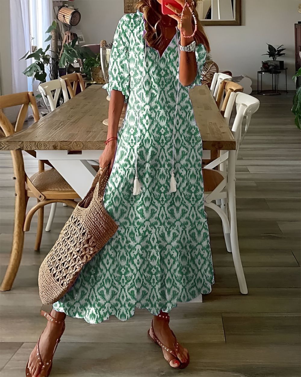 Maxi Dress for Women – Boho V-Neck | Tassel Tie & Short Sleeves
