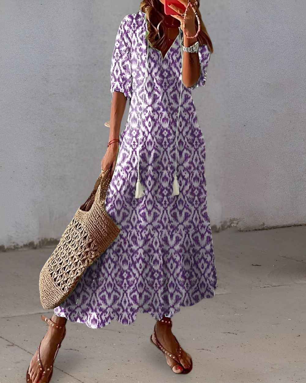 Maxi Dress for Women – Boho V-Neck | Tassel Tie & Short Sleeves