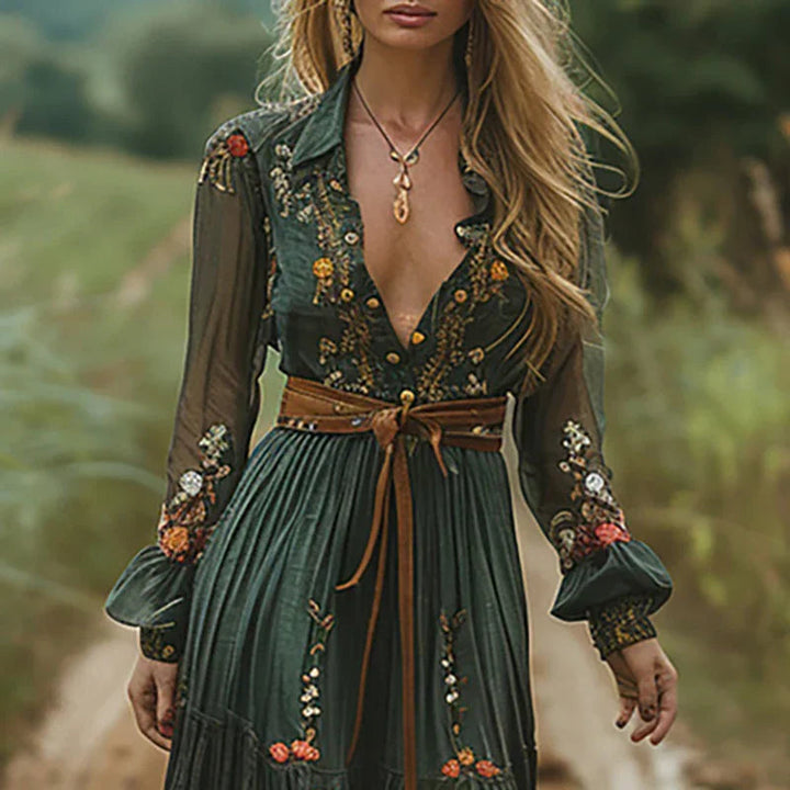 Maxi Dress for Women – Floral Embroidered V Neck | Long Sheer Sleeves & Belted Waist