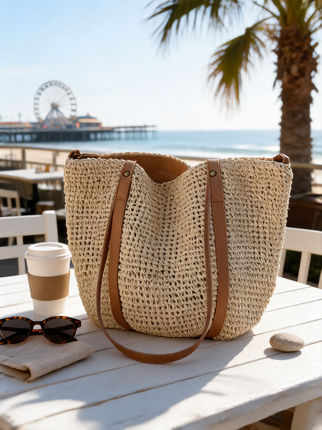 Mila eco straw beach tote at Santa Monica beachfront cafe - Ava Rose Boutique