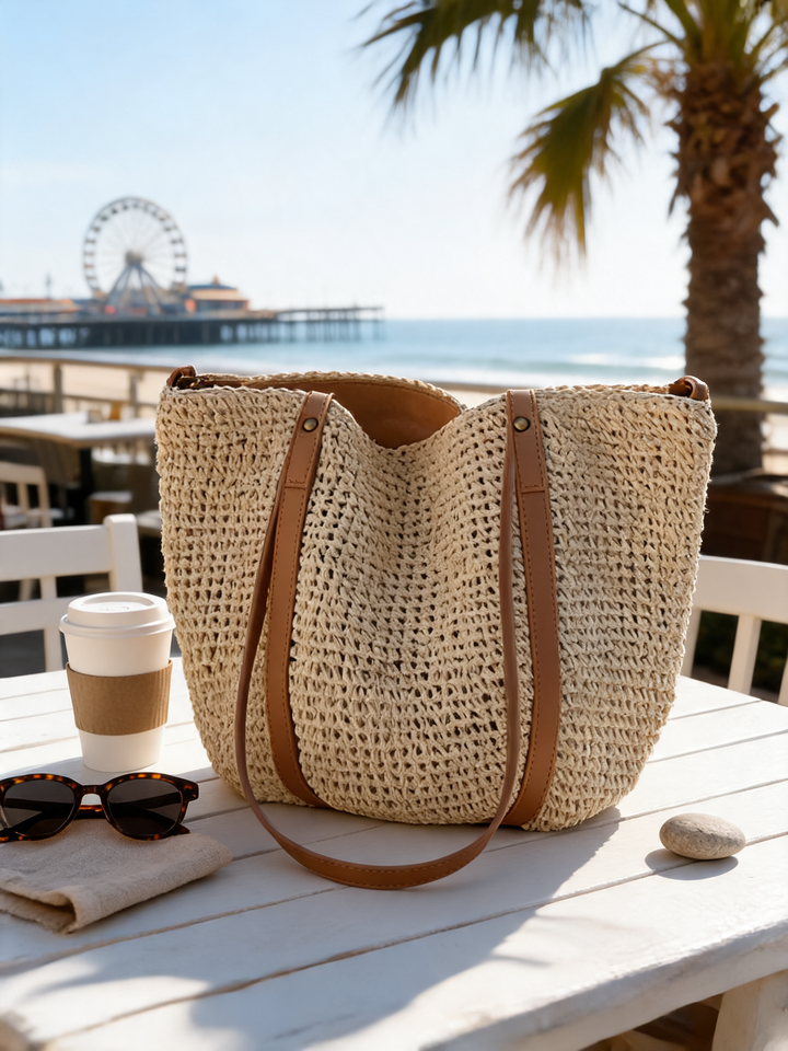 Mila eco straw beach tote at Santa Monica beachfront cafe - Ava Rose Boutique