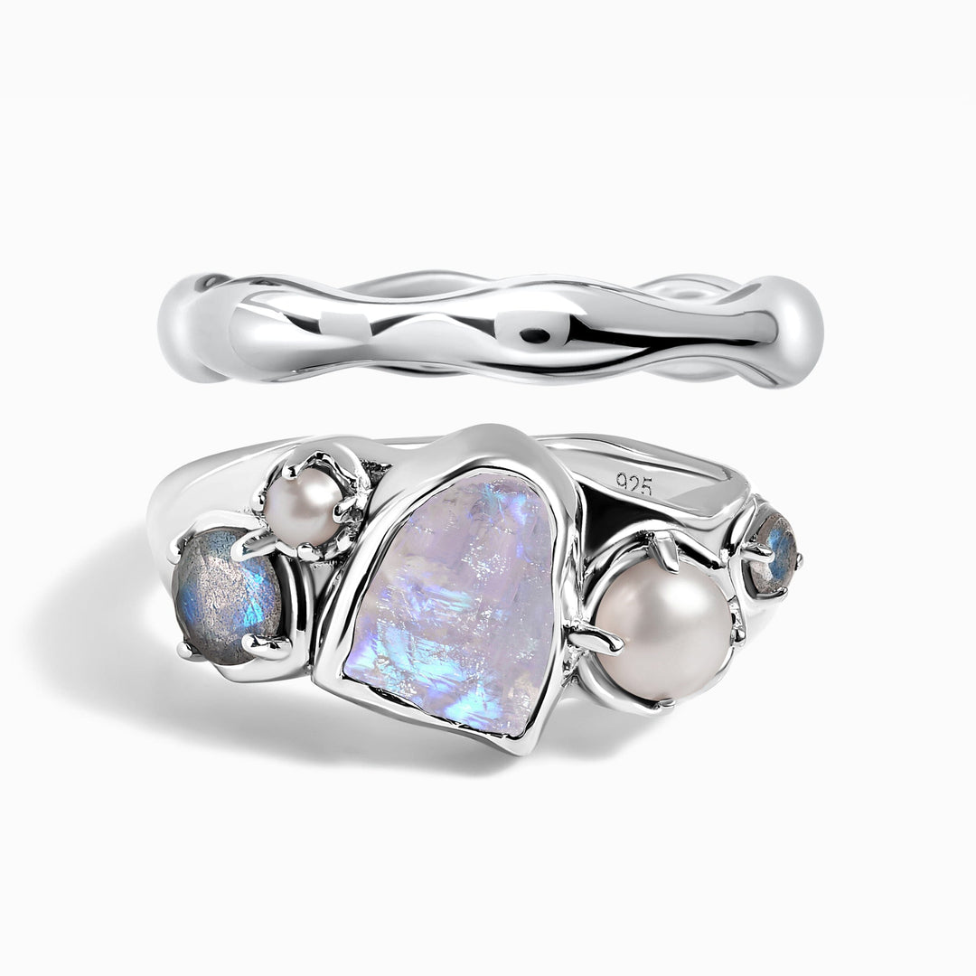 Raw Moonstone, Pearl and Molten Band Ring Set