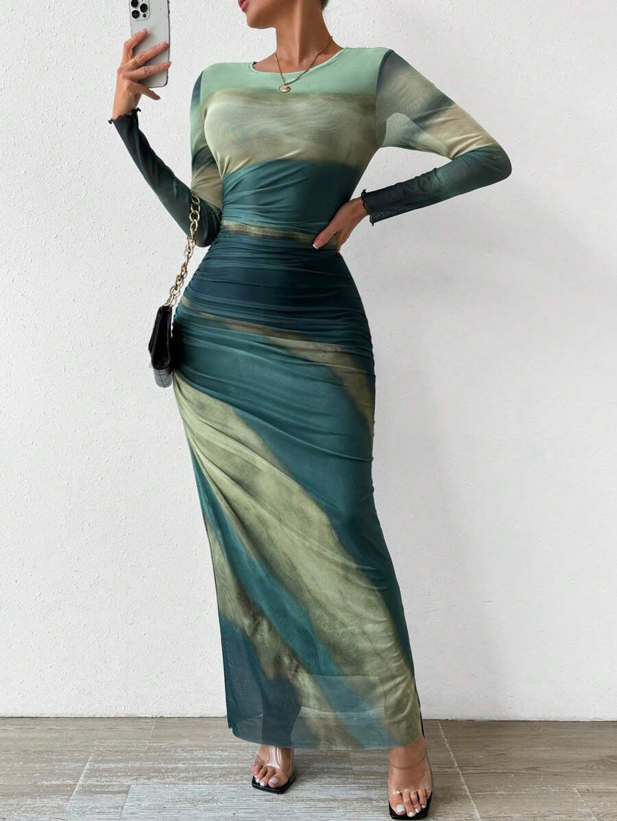 JULIA™ - Comfy Printed Long Sleeve Round Neck Bodycon Maxi Dress
