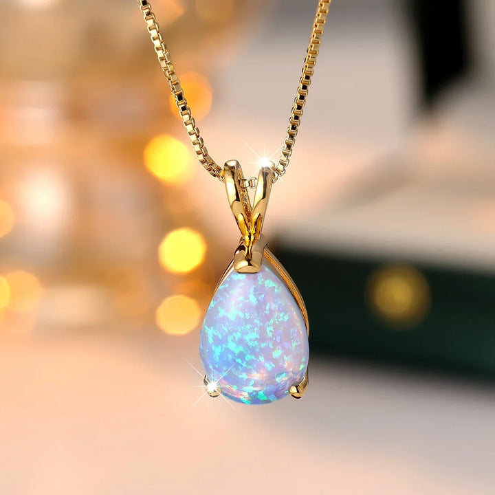 Opal Teardrop Gold Pendant Necklace