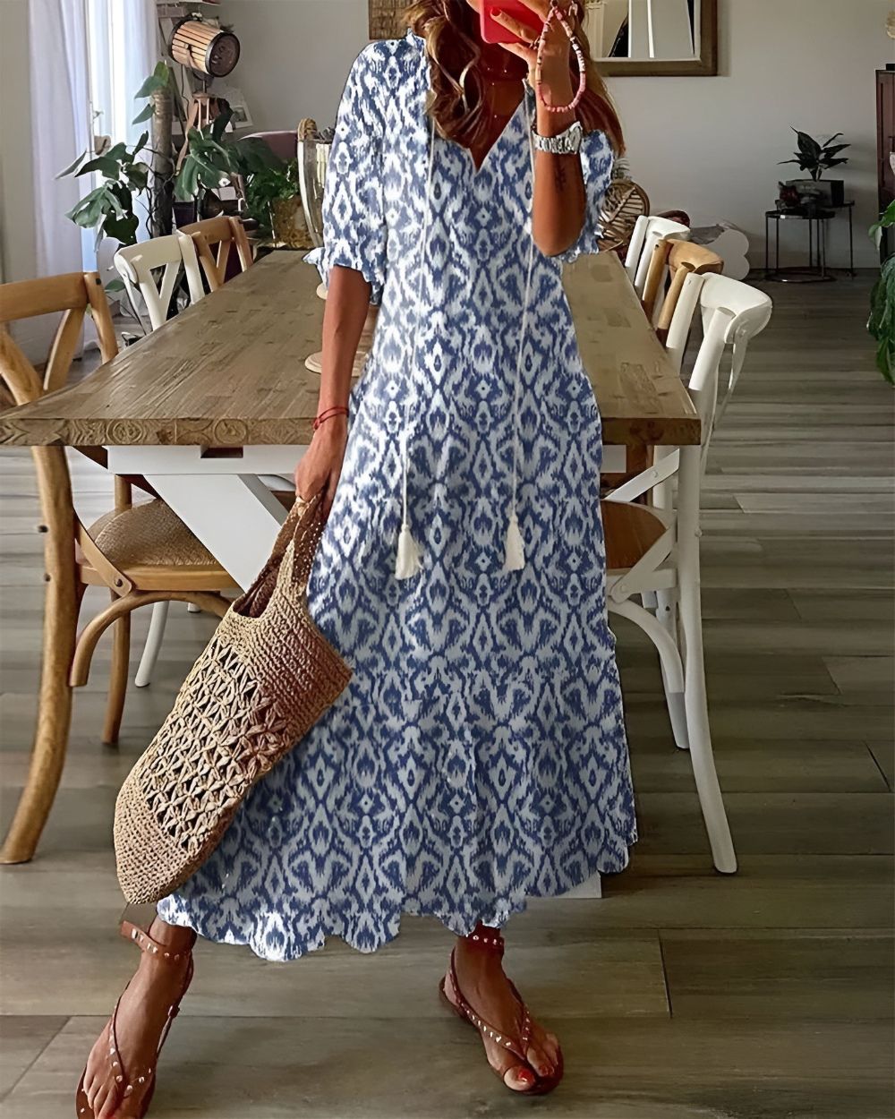 Women's Boho Dress | Tassel Tie Front Maxi