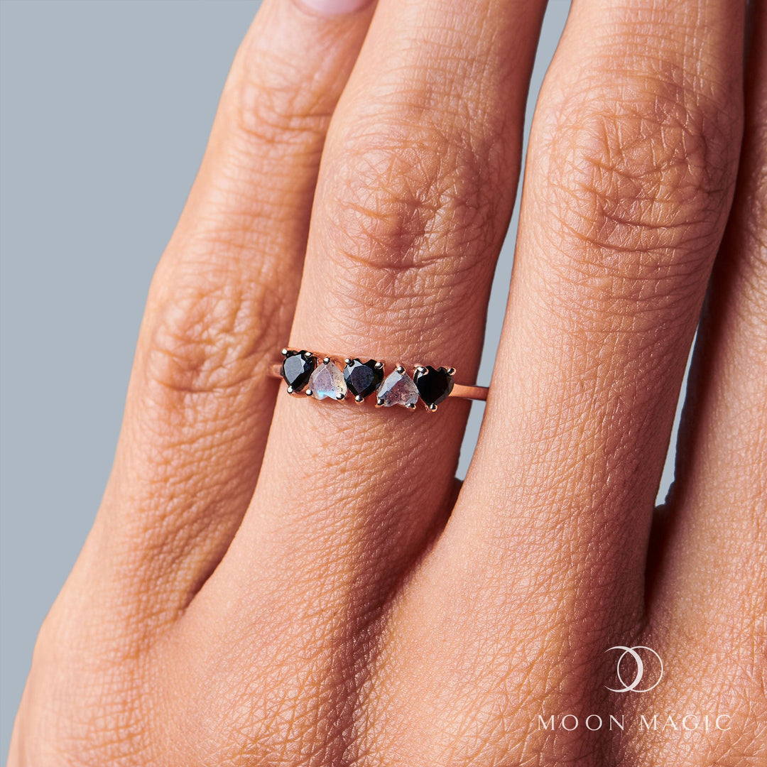 Obsidian and Labradorite Heart Ring