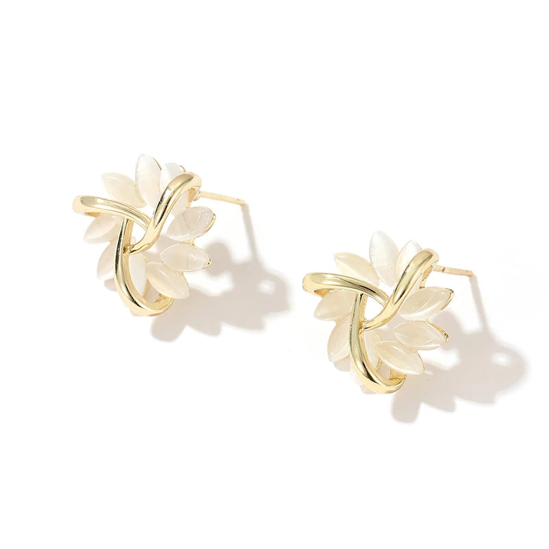 Elegant and Exquisite Circular Opal Flower Stud Earrings in Gold