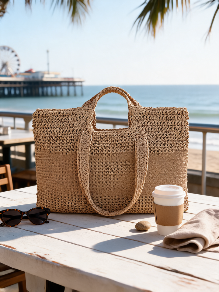 Romée boho beach tote at Santa Monica beachfront cafe - Ava Rose Boutique