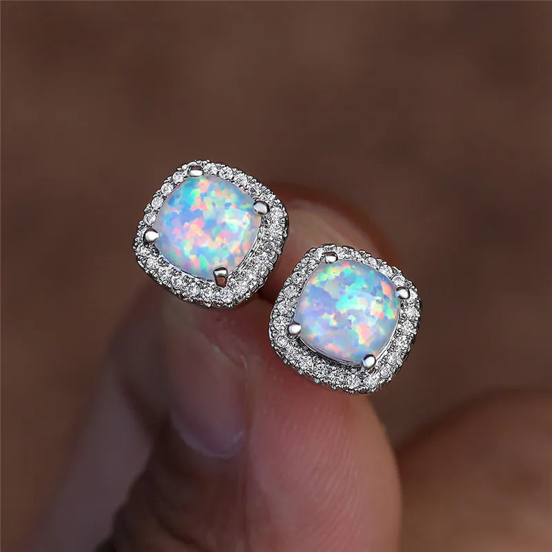 Elegant Silver Earrings with Round White Fire Opal