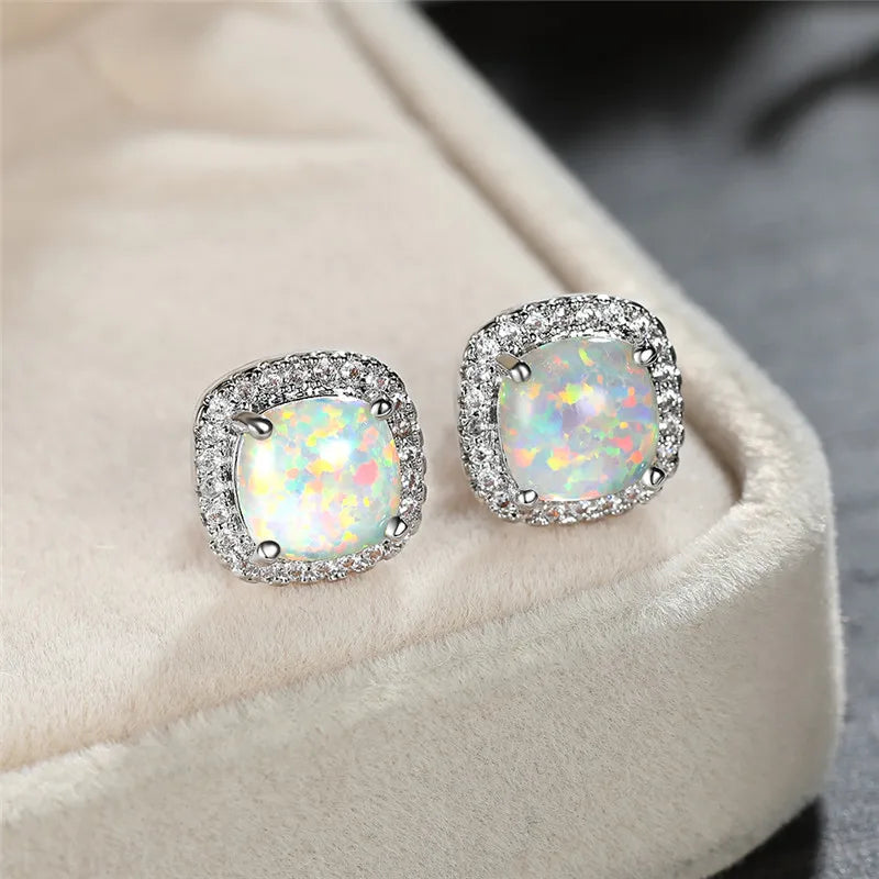 Elegant Silver Earrings with Round White Fire Opal