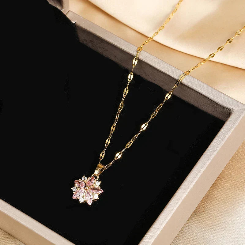 Romantic Sakura Rose Necklace in Stainless Steel