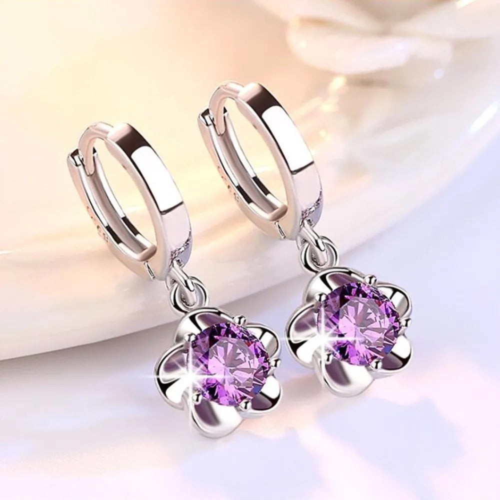 Sterling Silver Earrings with Purple and White Zircons