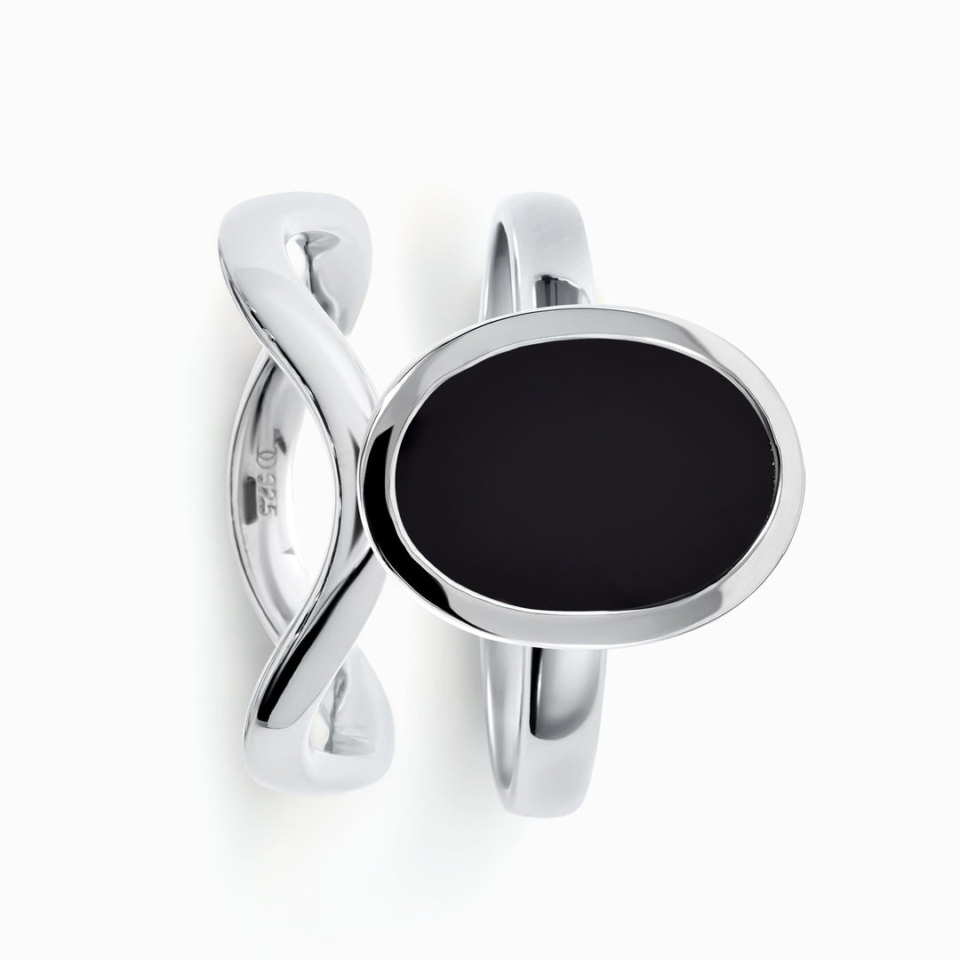 Wrapped Black Onyx and Wave Band Ring Set