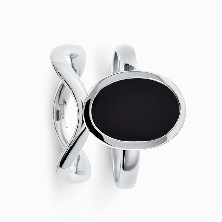 Wrapped Black Onyx and Wave Band Ring Set