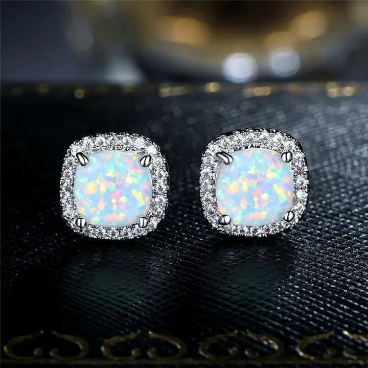Elegant Silver Earrings with Round White Fire Opal