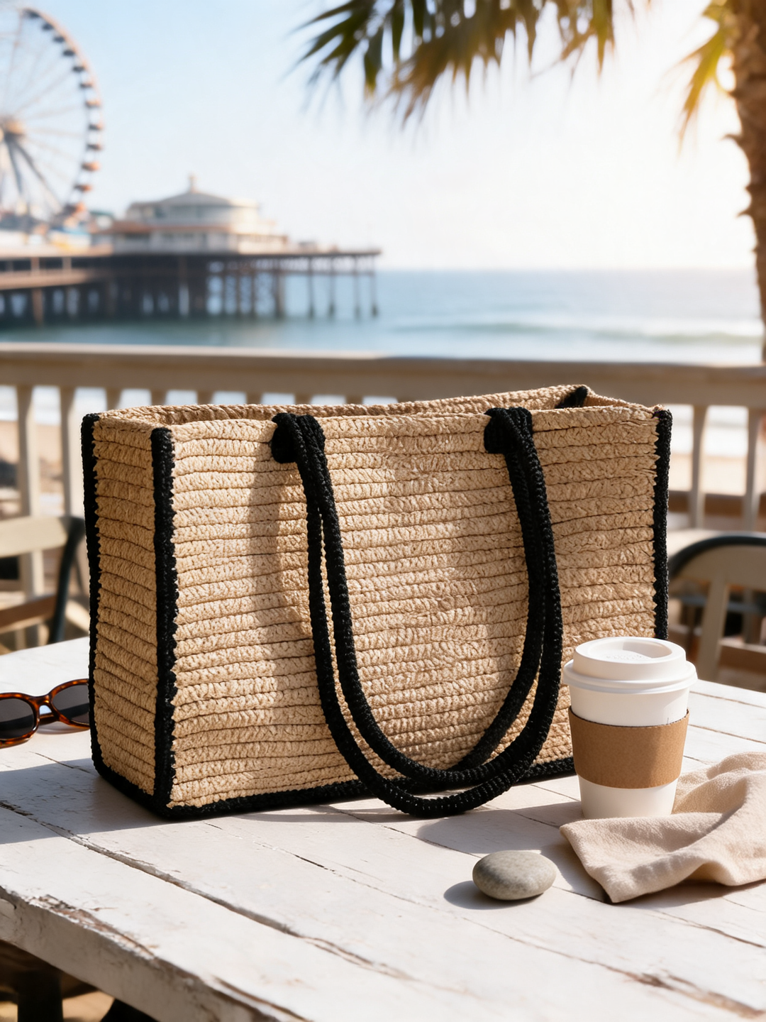 Saskia French raffia square bag at Santa Monica beachfront cafe - Ava Rose Boutique