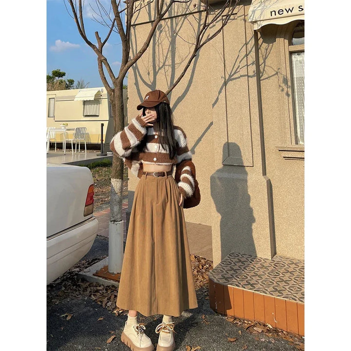 ESTELLE™ – Classic Belt Corduroy Midi Skirt