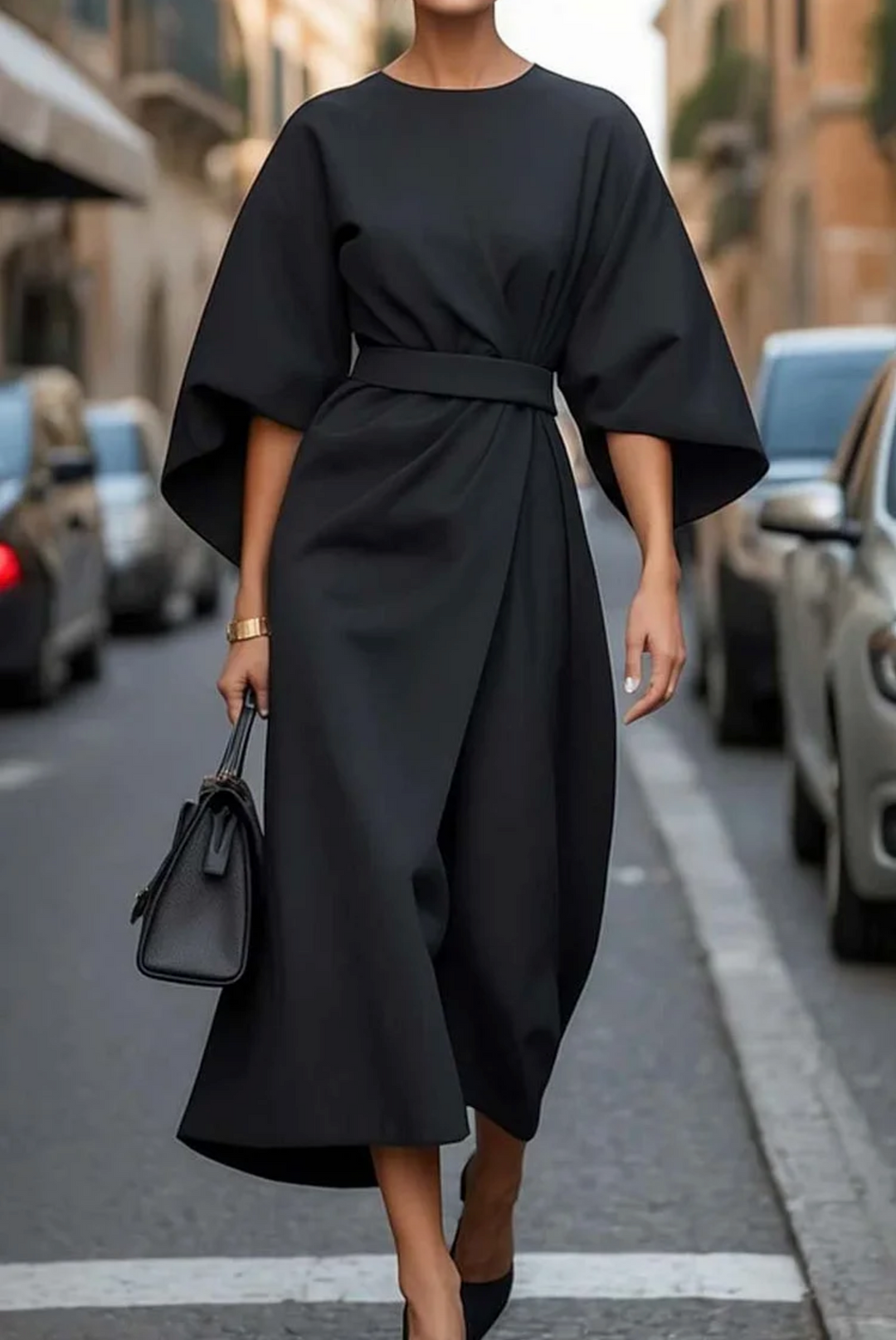 Women's Dress | Wide Sleeve Belted Round Neck Midi