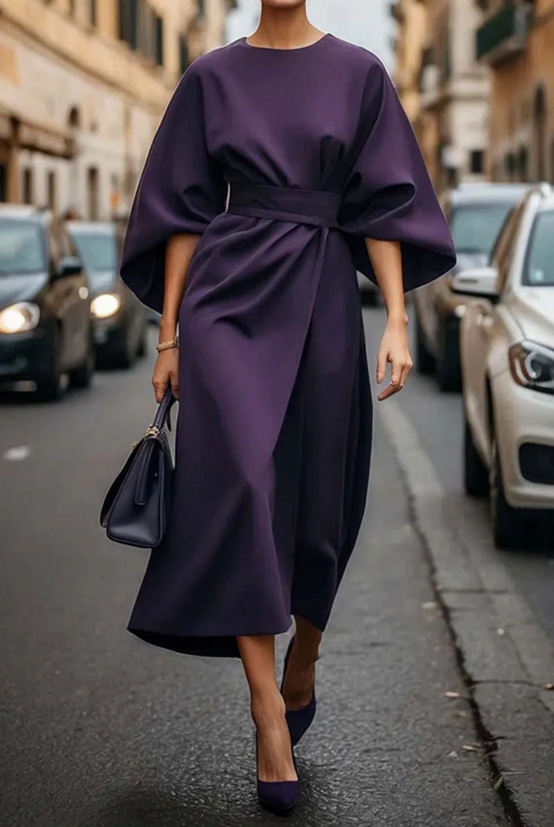 Women's Dress | Wide Sleeve Belted Round Neck Midi